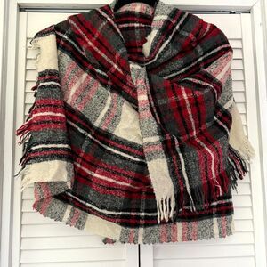 Luisa Brini Virgin Wool Fringe Edges Plaid Red Scarf Wrap